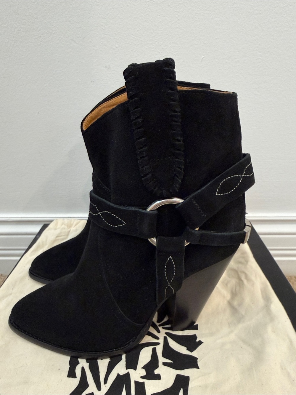Isabel Marant Black Suede Western Ankle Boots EU 37 Designer Cowboy Booties - Picture 5 of 12